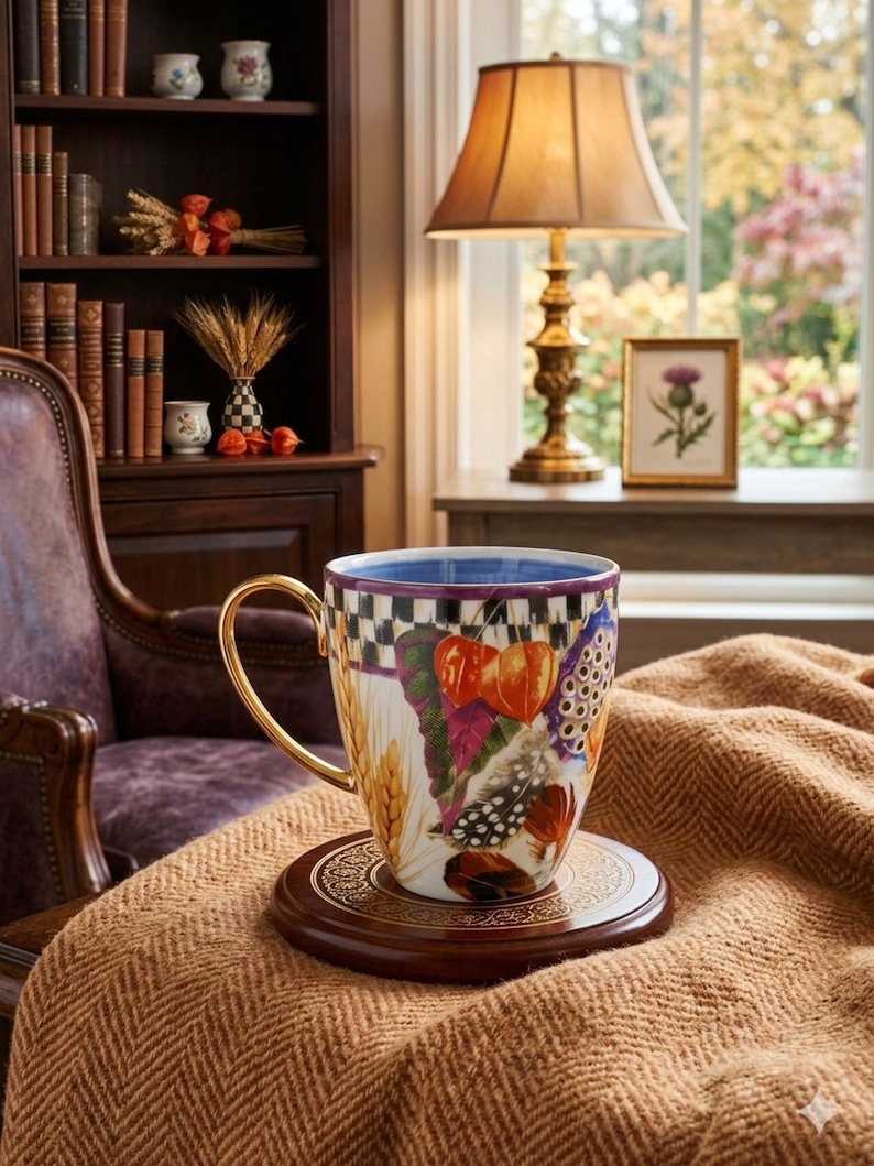 MacKenzie-Childs Pheasant Run Morning Glory Mug Tumbler Courtly Check Gold RARE image 1