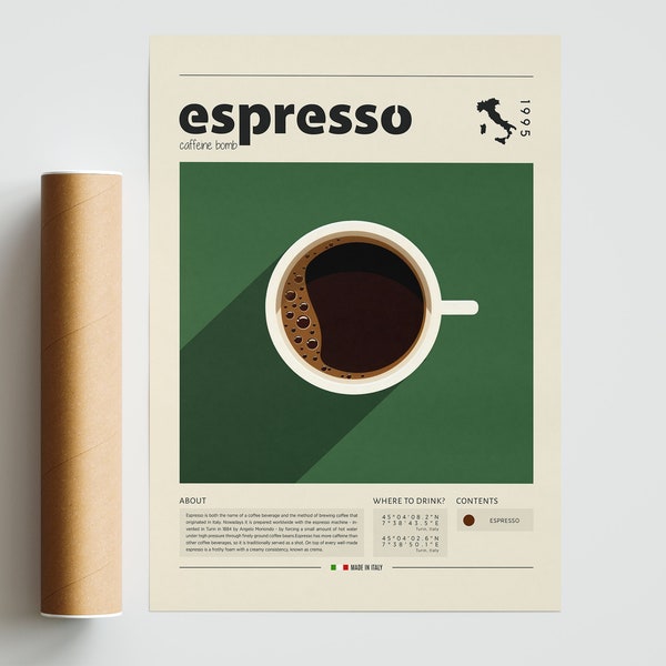 Espresso Poster, Kaffeedruck, italienischer Kaffee, Retro Poster, Housewarming Geschenk, Küchendeko, Mid Century Poster, minimalistischer Druck