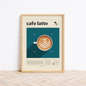 Cafe Latte  Poster, Coffee Print, Italıan Coffee, Retro Poster, Housewarming Gift, Kitchen Decor, Mid Century Poster, Minimalist Print