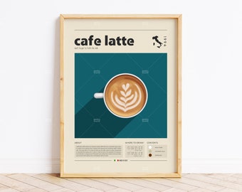 Cafe Latte  Poster, Coffee Print, Italıan Coffee, Retro Poster, Housewarming Gift, Kitchen Decor, Mid Century Poster, Minimalist Print