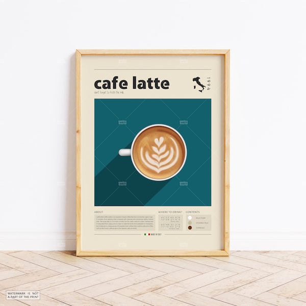 Affiche de café latte, impression de café, café italien, affiche rétro, cadeau de pendaison de crémaillère, décor de cuisine, affiche du milieu du siècle, impression minimaliste