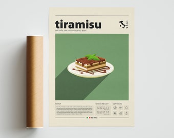Tiramisu Poster, Food Print, Italian Food, Retro Poster, Housewarming Gift, Kitchen Decor, Mid Century Poster, Minimalist Print