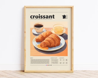 Croissant Poster, Food Poster, French food, Retro Poster, Housewarming Gift, Kitchen Decor, Mid Century Poster, Minimalist Print