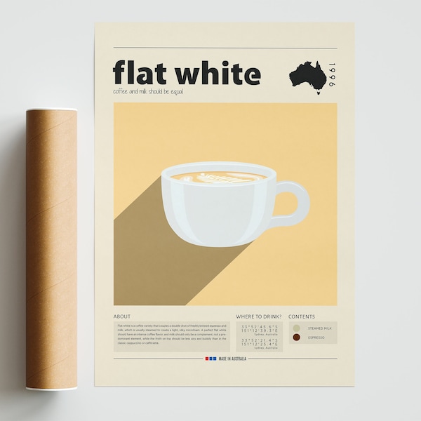 Flat White Poster, Coffee Print, Italian Coffee, Retro Poster, Housewarming Gift, Kitchen Decor, Mid Century Poster, Minimalist Print