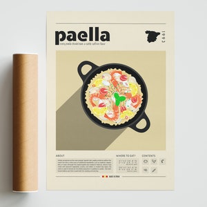 Paella Poster, Food Print, Spain Food, Retro Poster, Housewarming Gift, Kitchen Decor, Mid Century Poster, Minimalist Print
