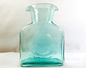 Blenko Glass Vintage Double Spouted 384 Water Bottle Antique Green Carafe 36 oz.