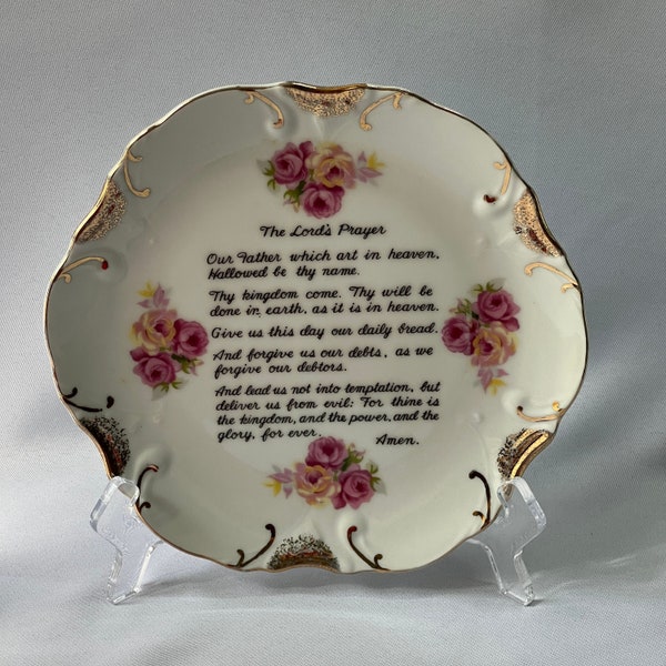 Vintage Decorative “The Lord’s Prayer” Porcelain Plate 18K Gold Religious Japan