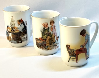 Norman Rockwell Museum Mugs&quot;The Cobbler&quot; &quot;For a Good Boy&quot; &quot;Party Time&quot; THREE