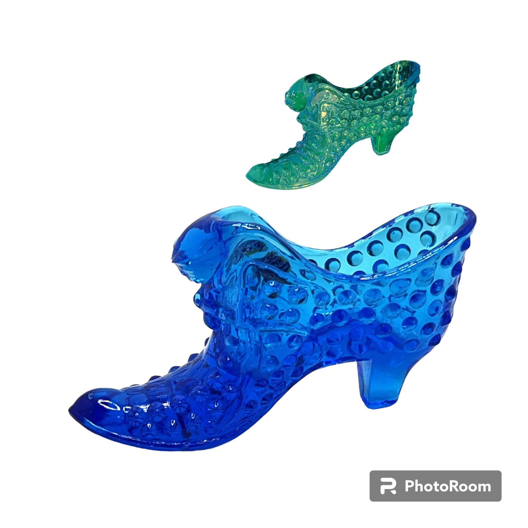 Fenton Vintage Colonial Blue Hobnail Slipper Cat Head UV Glow