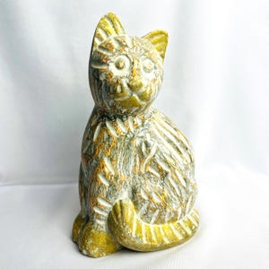 Keramik Katze Figur Handgefertigte Strukturierte Vintage Handgemalte Sitzende Kitty 23 cm