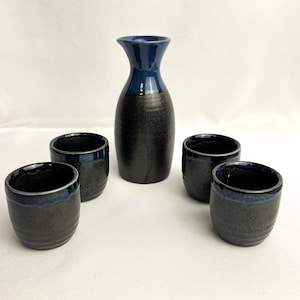 Traditional 5-Piece Vintage Asian Ceramic Sake Set Matte Black Glossy Blue Japan