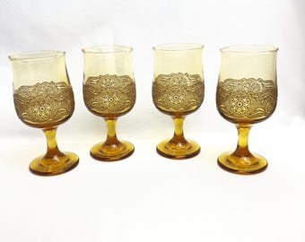 Libbey Americana Vintage Amber Water / Wine Glassware Embossed Scroll Set of 4