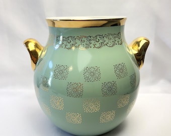 Hall’s Sea Mist Green Medallion Gold Trim Cookie Biscuit Jar 1566 Canister USA
