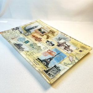 Bandeja de vidrio con fotografías de postales antiguas decoradas al revés con flecos de Italia y Francia de 12"