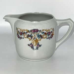 Vintage Porcelain Creamer Lilac Roses Blue Gold MCM Small Pitcher Germany 4&quot;