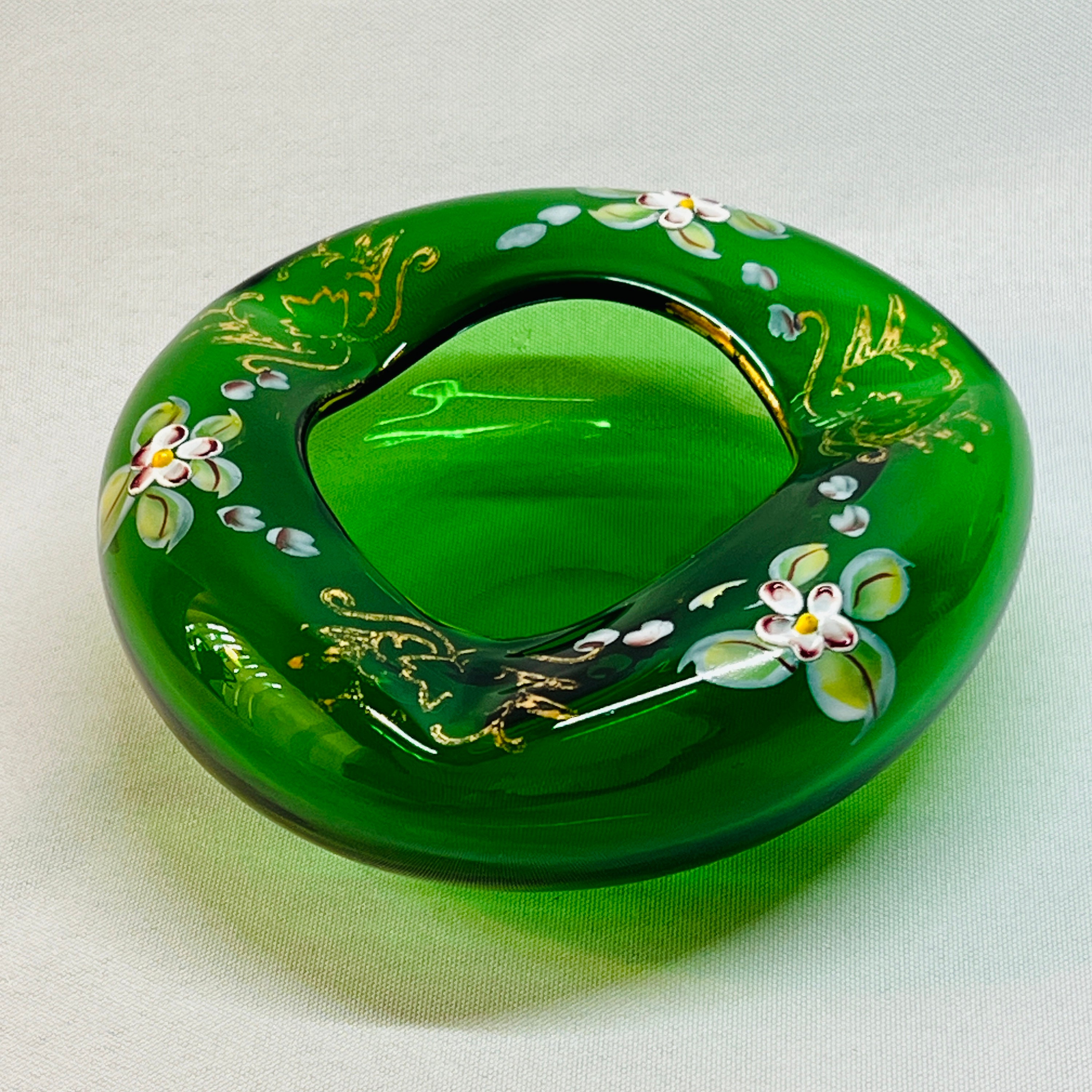 Vintage Bohemian Ash Tray Czech Green Glass Gold Trim Hand Painted Trinket Dish