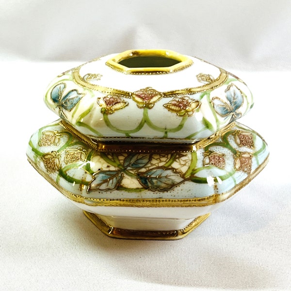 Noritake Nippon Antique Porcelain Hair Receiver Vanity Gold Encrusted 1911