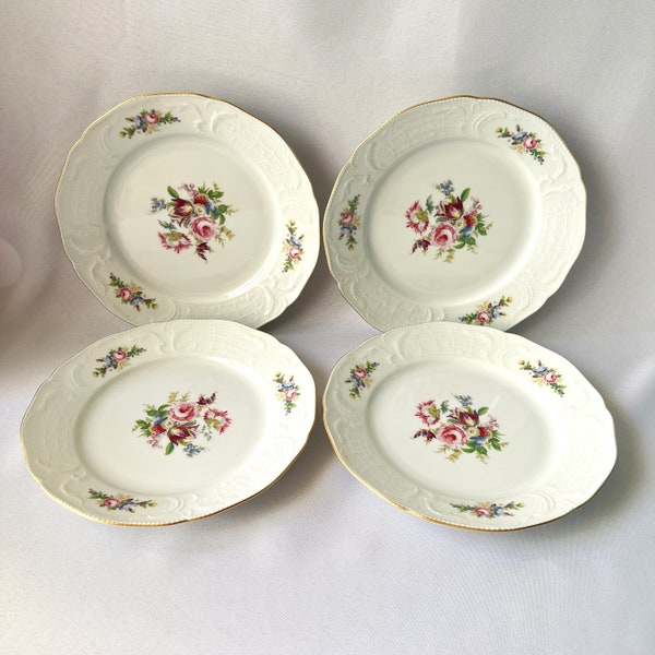 FOUR Rosenthal Continental Sanssouci Vintage Plates Floral Embossed Scalloped Gold Trim 8"