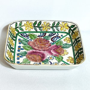 Floral Embossed Trinket Dish Vintage Pink Cabbage Rose Floral Square Vanity 6"