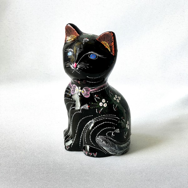 Vintage Hand Painted Lacquer Wood Cat Figurine Blue Eyed Kitty Vividly Decorated