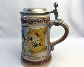 Gerz Germany Beer Stein Pewter Lid Vintage Stoneware Relief Bunny Folk Scene 7"