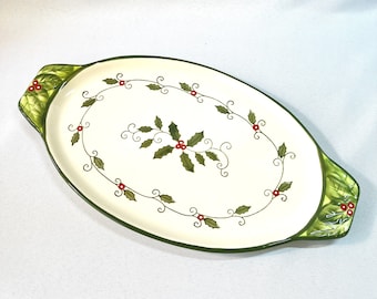 Temptations Vintage Cardinal Platter Christmas Holly Berry Oval Plate Excellent