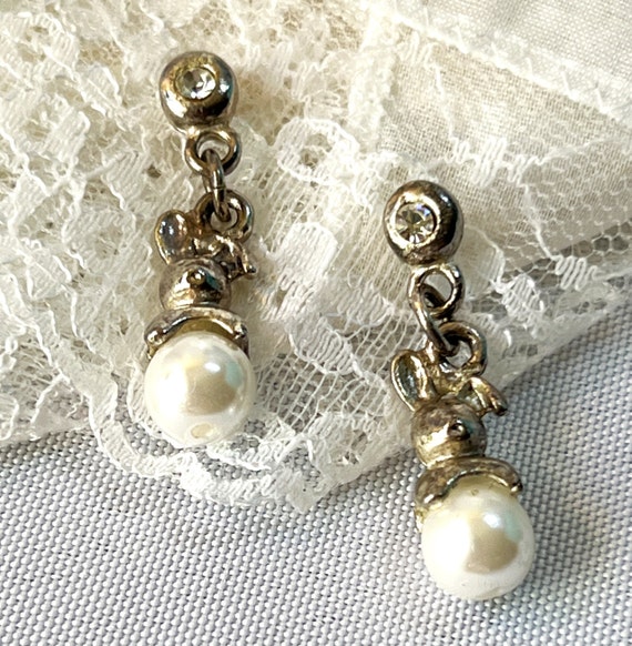 Bunny Rabbit Vintage Faux Pearl Earrings Silver Tone Rhinestone Adult/Child