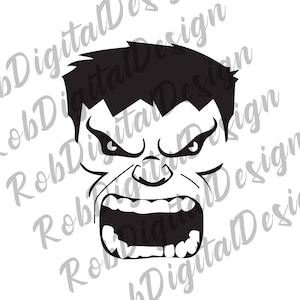 May include: Black and white illustration of the Hulk's face with a wide open mouth and angry expression.