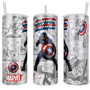 Puede incluir: Un vaso de acero inoxidable con un dise&ntilde;o de c&oacute;mic de Capit&aacute;n Am&eacute;rica. El vaso presenta un escudo de Capit&aacute;n Am&eacute;rica rojo, blanco y azul, las palabras "Capit&aacute;n Am&eacute;rica" y "Marvel".