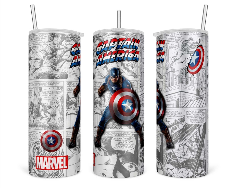 Puede incluir: Un vaso de acero inoxidable con un dise&ntilde;o de c&oacute;mic de Capit&aacute;n Am&eacute;rica. El vaso presenta un escudo de Capit&aacute;n Am&eacute;rica rojo, blanco y azul, las palabras "Capit&aacute;n Am&eacute;rica" y "Marvel".