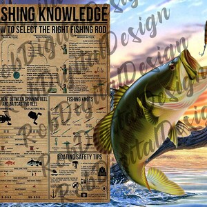 May include: A vintage-style poster with a fishing theme. It features a largemouth bass leaping out of the water, a sunset in the background, and a fishing rod with a lure. The poster also includes text about fishing knowledge, how to select the right fishing rod, different types of reels, fishing knots, and boating safety tips.