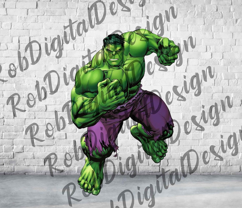 May include: A green and purple illustration of the Hulk, a superhero character, running with his fists clenched. The background is a white brick wall.