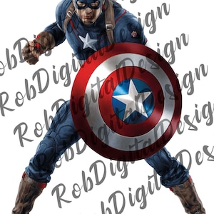 Könnte beinhalten: Ein Superheld in einem blauen und roten Kostüm mit einem rot-weiß-blauen Schild. Der Superheld steht mit gespreizten Beinen und ausgestreckten Armen. Das Schild befindet sich vor ihm und bedeckt teilweise seinen Körper.