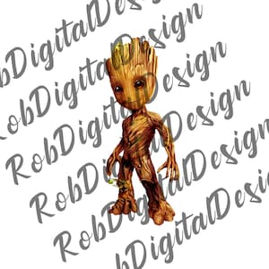 Puede incluir: Un personaje de dibujos animados marrón y verde con una cabeza grande y un cuerpo pequeño. El personaje está de pie con los brazos extendidos. El personaje es conocido como Groot de los Guardianes de la Galaxia.