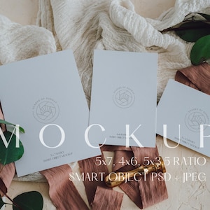 Invite Mockup Suite, 5x7 4x6 and 5x3.5 Boho Styled Card Mockup Flatlay, Boho Grainy Film Style Mockup Background, PSD Smart Object and JPEG
