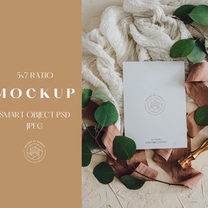 5x7 Card Mockup, Neutral Wedding Invitation Mockup, Minimal Earthy Boho Styled Flatlay, Digital Download Photoshop Smart Object and JPEG