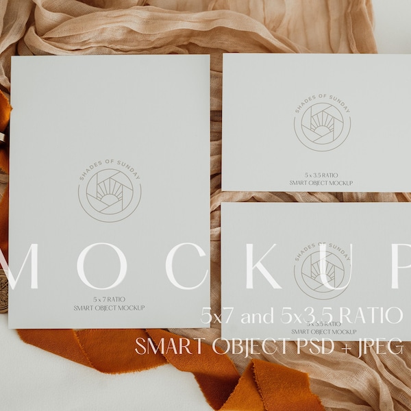 Invite Mockup Suite, 5x7 and 5x3.5 Boho Styled Card Mockup Flatlay, Double Sided, Neutral Wedding Invite Mockup, PSD Smart Object and JPEG