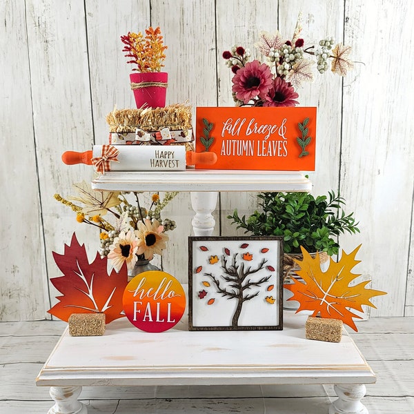 Thanksgiving Hello Fall Tiered Tray Bundle, Happy Harvest, Autumn Mini Signs, Mini Floral Arrangement, Mini Hay Bale, Fall Tiered Tray Set