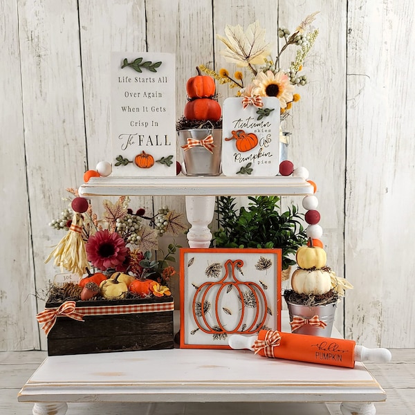 Paquete de decoración otoñal, set de cosecha otoñal, decoración de Acción de Gracias, bandeja de calabazas escalonadas, pila de calabazas, mini letrero de otoño, decoración de mesa rústica