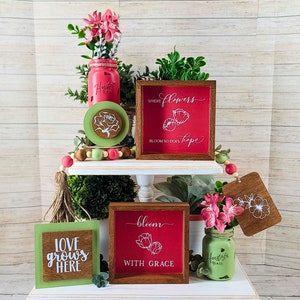 Summer Tier Tray Bundle, Flower Tiered Tray Decor, Bloom Sign, Rose Decor, Natural Wood Decor