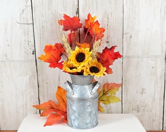 Fall Floral Arrangement, Mini Galvanized Vase, Fall Thanksgiving Tiered Tray Decor, Mini Autumn Sunflower Arrangement, Harvest Decoration