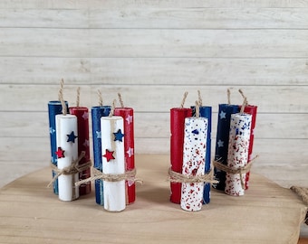 Set of 2 Mini Wooden FIrecrackers, Patriotic July 4th TIered Tray, Wooden Firework Bundle, Fourth of July Decor, Independence Day