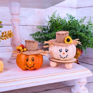 May include: Two fall-themed pumpkins decorated as scarecrows. One pumpkin is orange with a burlap hat and the other is white with a burlap hat and a sunflower.