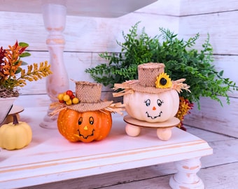 Set of Mini Pumpkin Scarecrows, Fall Table Decor, Autumn Tier Tray Bundle, Orange White Pumpkin, Harvest Shelf Sitter, Bookshelf Decoration