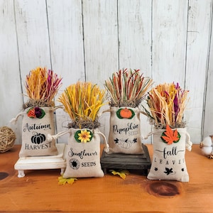 Mini Fall Sacks, Fall Tiered Tray Decor, Mini Autumn Burlap Bag, Tier Tray Decoration, Thanksgiving Harvest, Pumpkin Seeds, Sunflower Seeds