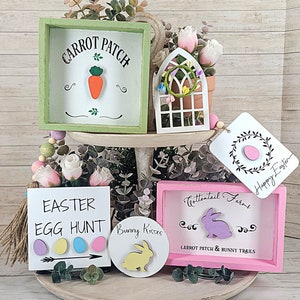 Easter Tiered Tray Bundle, Spring Tier Tray, Happy Easter Decor Set, Easter Tier Tray Decor, Bunny Decor, Carrot Patch, Easter Mini Sign