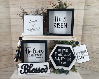 Christian Tiered Tray Bundle, Summer Tier Tray Decor, He is Risen, Christian Decor, Religious Tray, Modern Farmhouse Decor, Black and White