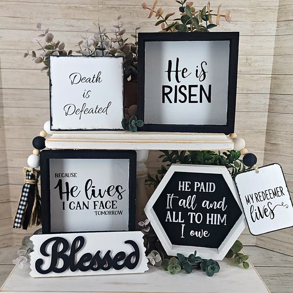 Christian Tiered Tray Bundle, Summer Tier Tray Decor, He is Risen, Christian Decor, Religious Tray, Modern Farmhouse Decor, Black and White