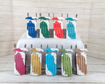 Winter Sleigh, Mini Wood Sleigh, Sleigh with Snow, Winter Tiered Tray, Winter Decor, Mini Sled, Hand Painted, Farmhouse Sled