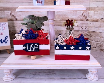 Patriotic Tiered Tray Decor, July 4th Mini Crate, Fourth of July Tiered Tray Decor, Mini Crate for Tiered Tray, Red White Blue Stars, USA